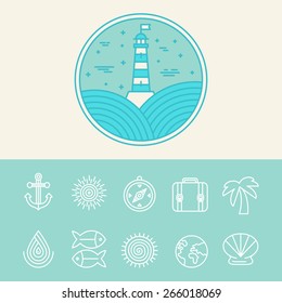 Vector nautical and travel icons and logo design elements in linear style