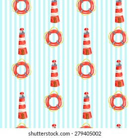 Vector nautical vintage pattern with watercolor lighthouse and lifebuoy