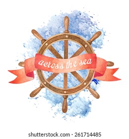 Vector nautical vintage watercolor card with a steering wheel and red ribbon. Across the sea concept