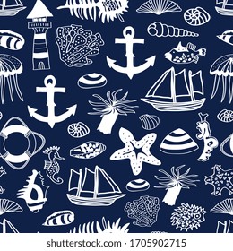 Vector Nautilus Seamless Pattern With Anchor, Shell, Ships, Star Fish, Life Ring, Coral, Light House