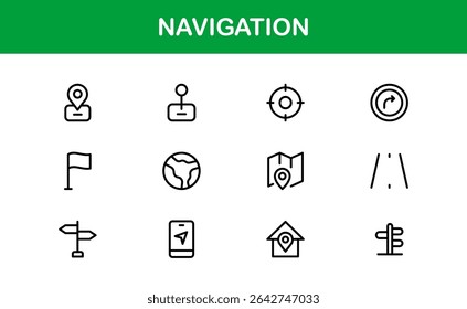 Vector Navigation Icons Collection Including Compass, Map Pins, GPS Markers, and Directional Symbols