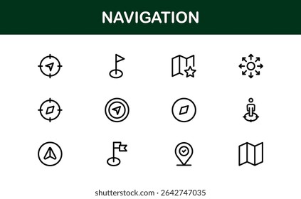Vector Navigation Icons Collection Including Compass, Map Pins, GPS Markers, and Directional Symbols