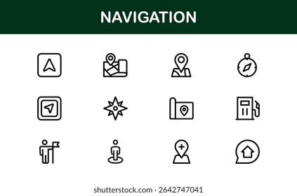 Vector Navigation Icons Collection Including Compass, Map Pins, GPS Markers, and Directional Symbols