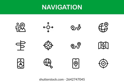 Vector Navigation Icons Collection Including Compass, Map Pins, GPS Markers, and Directional Symbols