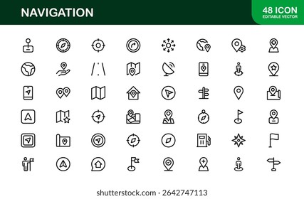 Vector Navigation Icons Collection Including Compass, Map Pins, GPS Markers, and Directional Symbols