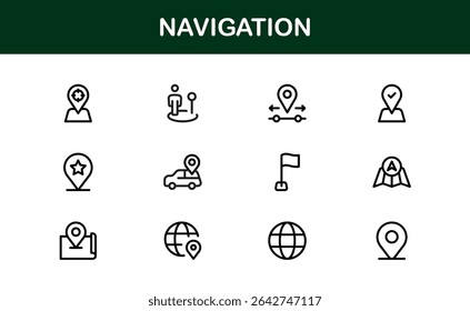 Vector Navigation Icons Collection Including Compass, Map Pins, GPS Markers, and Directional Symbols
