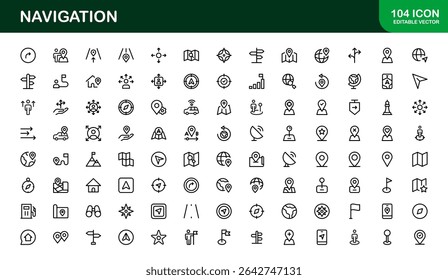 Vector Navigation Icons Collection Including Compass, Map Pins, GPS Markers, and Directional Symbols