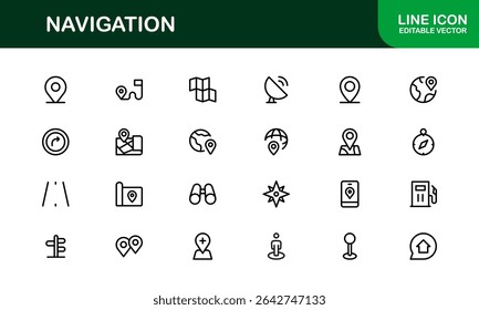Vector Navigation Icons Collection Including Compass, Map Pins, GPS Markers, and Directional Symbols