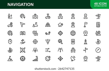 Vector Navigation Icons Collection Including Compass, Map Pins, GPS Markers, and Directional Symbols