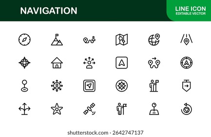 Vector Navigation Icons Collection Including Compass, Map Pins, GPS Markers, and Directional Symbols