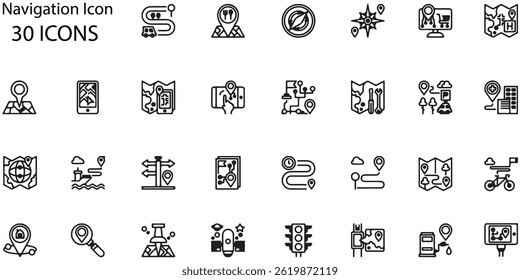 Vector Navigation Icons Set. 30 Minimalist Mapping Symbols for Travel Designs.