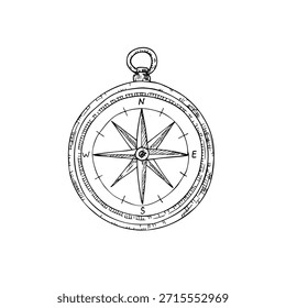 Bússola marinha de navegação vetorial. Pintado à mão linear ilustração de Rosa de Vento náutica. Esboço monocromático gráfico isolado no plano de fundo. Para designers, impressões, logotipo, ícone, menu, cartões postais, feriado