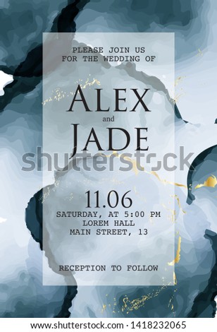 Vector navy acohol ink paint with text. Wedding invitation with watercolor texture and gold foil elements. Liquid surface background. Vector