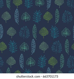 Vector navy blue geometrical tropical summer hawaiian seamless pattern with tropical green plants and leaves on dark background. Great for vacation themed fabric, wallpaper, packaging.