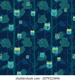 Vector navy blue sleepy owls in the forest seamless pattern. Ideal for night owls and coffee lovers. Perfect for fabric, wallpaper and stationery. Surface pattern design.