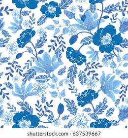 Flores elásticas de color verde vectorial y azul denim texturadas sin fisuras, repiten el diseño de fondo. Ideal para tarjetas de felicitación de primavera, invitaciones, bodas, tela, papel pintado, proyectos de envoltura.