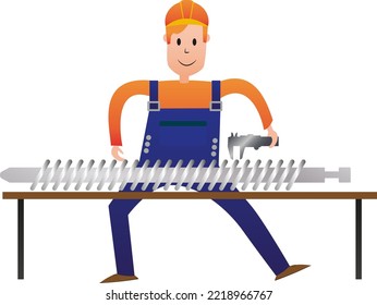 vector navy illustration of a guy measuring with a caliper