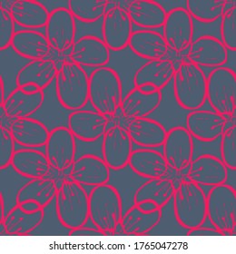 Vector Navy with Red Pink Blossoms from Sukura collection seamless pattern background. Modern geometric design featuring, blossom flowers on a dark background. Good for Décor, accessories & wallpaper.