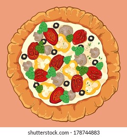 vector neapolitan pizza with mozzarella, tomato and basil, pepper, olive, mushroom