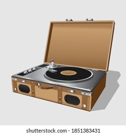 Vector neat accurate illustration of vintage turntable. Record player vinyl record. Realistic retro old turntable on white background. Isolated