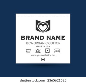 Diseño de etiquetas de cuello vectorial con logotipo y símbolos de lavado para ropa y mercadería