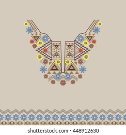 Vector neckline and border with ethnic and floral ornament. Modern bohemian style. Flowers and geometric tribal patterns
