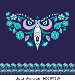 Vector neckline and border in ethnic indian style. Neck print with geometric and floral ornament. Paisley decorative pattern. Ornamental folk design element 