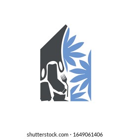 Vector negative space ecology logo. This is a house a one half  consist of plastic trash and the other half consist of blue flowers. This is a description of informed consumption, zero waste