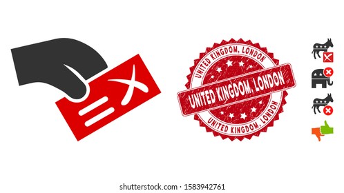 Vector negative vote icon and rubber round stamp seal with United Kingdom, London text. Flat negative vote icon is isolated on a white background. United Kingdom,