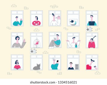 Vector neighbors looking out the windows waving hands, drink coffee, reading book and communicating and greeting each other. Flat men, women at their appartments windows. Neighborhood characters set.