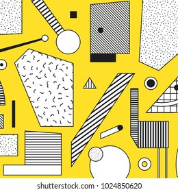 Vector Neo Memphis composition 80 90 vintage style yellow black white. This bold blocks image for memorable brand identity sticker wallpaper cards posters packaging t-shirts magazine leaflet billboard