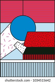 Vector Neo Memphis composition in 80 90 vintage style. This bold blocks image for memorable brand identity sticker wallpaper graphic design cards posters packaging t-shirts magazine leaflet billboard