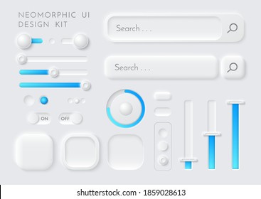 Vector neomorphic UI kit. Interface design elements teamplate. Sidebars, sliders, switch buttons, toggle off buttons and navigation elements for web, mobile applicatioms. Ux layout.