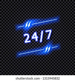 Vector Neon 24/7 Sign, Quote Shining Frame Isolated on Dark Transparent Background, Abstract Blue Light, Luminous Icon.