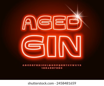 Vector neon advertisement Aged Gin. Unique Glowing Font. Trendy Electric Alphabet Letters and Numbers set.