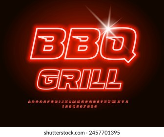 Vector neon advertisement  BBQ Grill. Electric illuminated Font. Bright Glowing Alphabet Letters and Numbers.