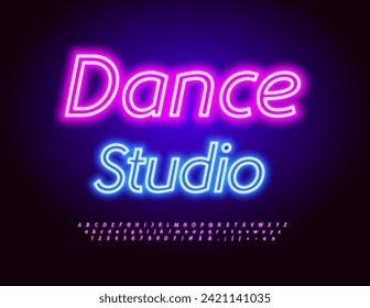 Vector Neon advertisement Dance Studio. Pink Glowing Alphabet Letters and Numbers. Modern Bright Font.