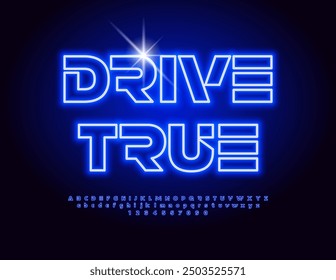 Vector neon advertisement Drive Thru. Blue Electric Font. Futuristic Alphabet Letters and Numbers set.