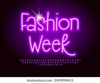 Vector neon advertisement Fashion Week. Funny Neon Font. Electric light Alphabet Letters and Numbers set. 