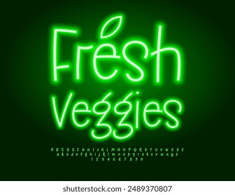 Vector neon advertisement Fresh Veggies. Glowing Green Font. Funny Alphabet Letters and Numbers set.