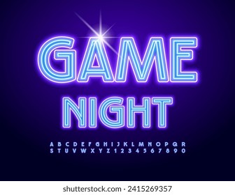 Noche del juego de publicidad de Vector Neon. Tipo de letra creativo brillante. Juego de letras y números de alfabeto luminoso.