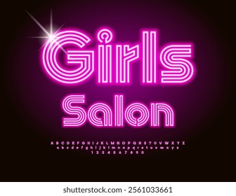 Vector Neon Advertisement Girls Salon. Pink Glamour Font. Unique Glowing Alphabet Letters and Numbers set.