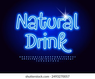 Vector neon advertisement Natural Drink. Glowing Blue Font. Funny Electric Alphabet Letters and Numbers set.