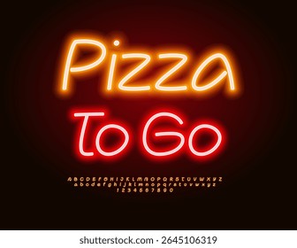Vector Neon Advertisement Pizza To Go. Glowing Playful Font. Bright Electric Alphabet Letters and Numbers set.