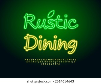 Vector Neon Advertisement Rustic Dining. Led Light Handwritten Font. Neon Alphabet Letters and Numbers set.