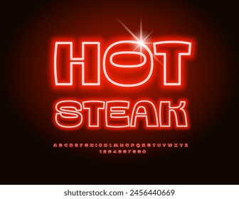 Vector Neon Advertisement Steak House. Electric Stylish Font. Glowing Red Alphabet Letters and Numbers set.