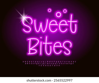 Vector Neon Advertisement Sweet Bites. Festive Glowing Font. Pink Electric Alphabet Letters, Numbers and Symbols set