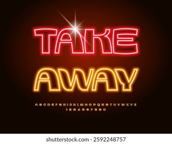 Vector Neon Advertisement Take Away. Stylish Glowing Font. Electric Alphabet Letters and Numbers set.