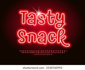 Anúncio de néon vetorial Tasty Snack para Mercado, Loja e Café. Fonte vermelha brilhante. Letras e números de alfabeto elétrico brilhante definido.