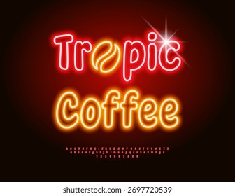 Vektor Neon Werbung Tropic Coffee mit hellen roten Licht Alphabet Buchstaben und Zahlen gesetzt. LED-beleuchtete Schriftart